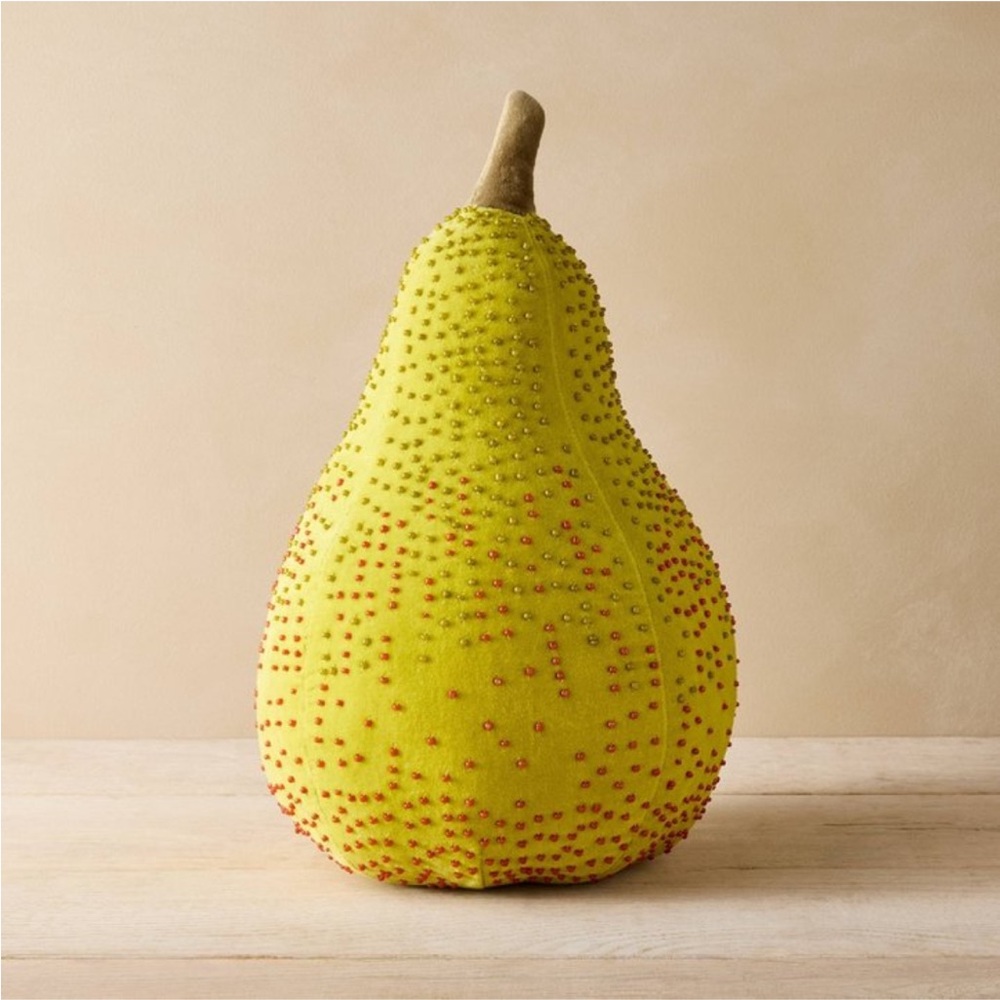 JOHN DERIAN NWT beaded pear plush novelty pillow -green -14x8